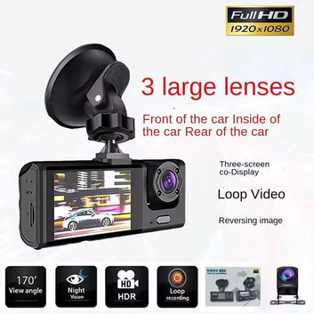 1080P 3-Channel Car DVR Dash Cam – Front, Inside & Rear HD Video Recorder